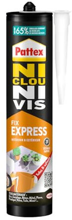 Pattex Ni Clou Ni Vis Fix Express, colle de fixation express, séchage en 20 min, colle forte résistante à l'humidité, mastic blanc, cartouche de 390 g