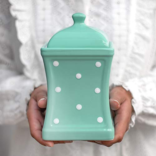 City to Cottage® - Keramik Behälter Küche 900 ml | Türkis und Weiß | Polka Dots | Handgemacht | Behälter mit Deckel | Keksdose Keramik