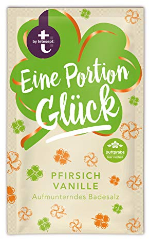 t: by tetesept Badesalz Eine Portion Glück – Hauchfeine Puderkristalle mit Pfirsich und Vanille - Bade-Geschenk für die Sinne – 1 x 60 g
