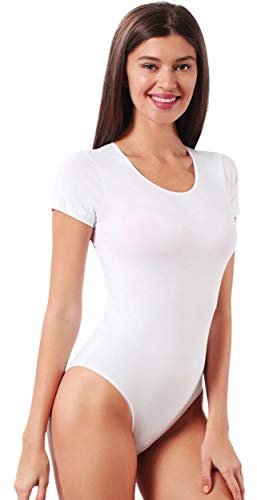 VEDATS Damen Body Kurzarm Rundhals Bodysuit T-Shirt Top Unterhemd (L, Weiß)