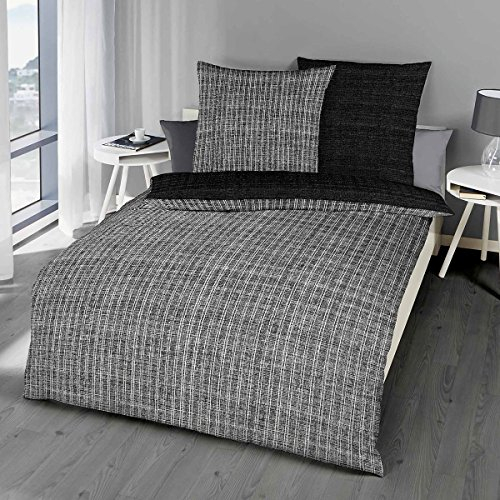 G BETTWARENSHOP Moderne Biber Bettwäsche Eternity Combo schwarz kuschelig weich aus 100% Baumwolle mit Reißverschluss 135x200 cm + 80x80 cm