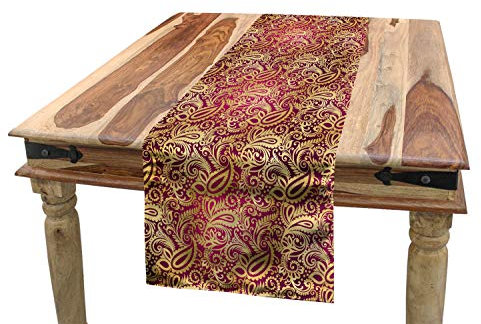 ABAKUHAUS Gelbes Damast Tischläufer, Wirbler Oriental, Esszimmer Küche Rechteckiger Dekorativer Tischläufer, 40 x 225 cm, Magenta und Gelb