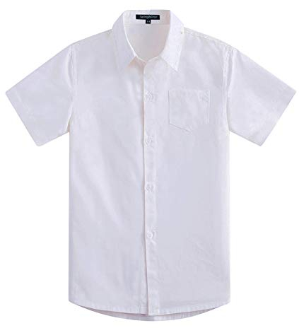 Spring&Gege Jungen Kurzarm Einfarbig Formale Baumwoll Hemden Klassisch Schuluniform Shirts für Kinder, Weiß, 9-10 Jahre