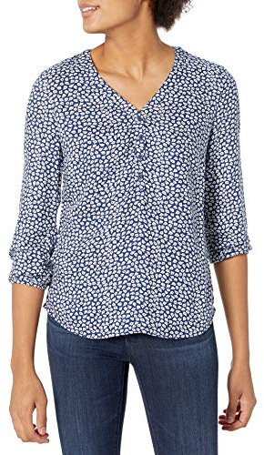 Amazon Essentials Chemisier Boutonné à Manches 3/4 et Col en V, Coupe Ample Femme, Bleu Marine Blanc Pétales, XXL