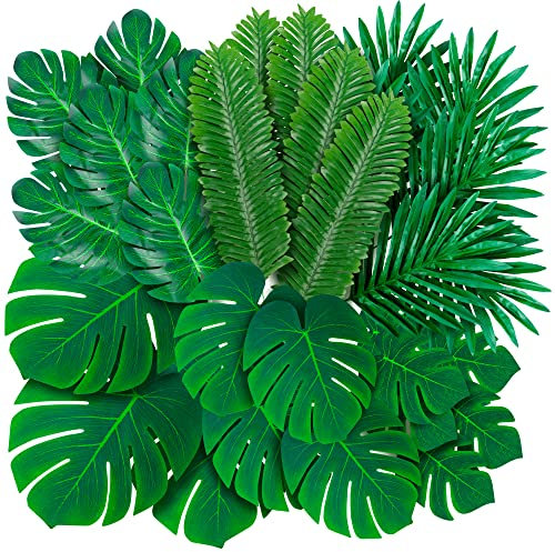 Lot de 108 Feuilles de Palmier Tropicales artificielles – 6 Sortes de Grandes Petites Feuilles de Palmier artificielles avec tiges pour Safari, Jungle, hawaïen, Luau, décoration de Table, Mariage,
