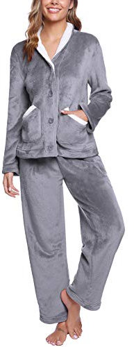 iClosam Pyjama Polaire Femme Ensemble de Pyjamas en Flanelle Deux Pièces Pyjama Hiver Chaud col V Vêtements de Nuit à Manches Longues avec 2 Poches