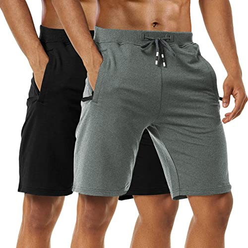Kurze Hosen Herren - Sporthose Herren Kurz, Laufshorts Männer Sommer Baumwolle Kurze Jogginghose Fitnesshose Shorts Kurz SportShorts Trainingshose Mit Reißverschlusstasch, 2er-Pack Black/Dark Grey-M