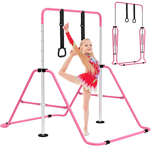 EVERYMILE Barras de gimnasia, barra de entrenamiento para niños, equipo de gimnasia para el hogar, barra horizontal plegable de altura ajustable con anillos de gimnasia para niños
