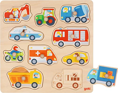 goki 57391 - Hintergrundbildpuzzle Fahrzeuge aus Holz - 10 Teile
