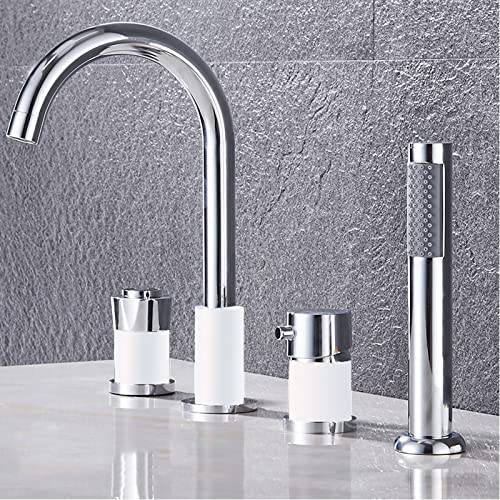 Wannenrandarmatur 4-Loch Badewannen-Armatur Knopf Badewannen-Armatur Wannenrandkombination Multifunktions Wannenrand Badewanne Armatur Set für Badezimmer,Chrom+Weiß