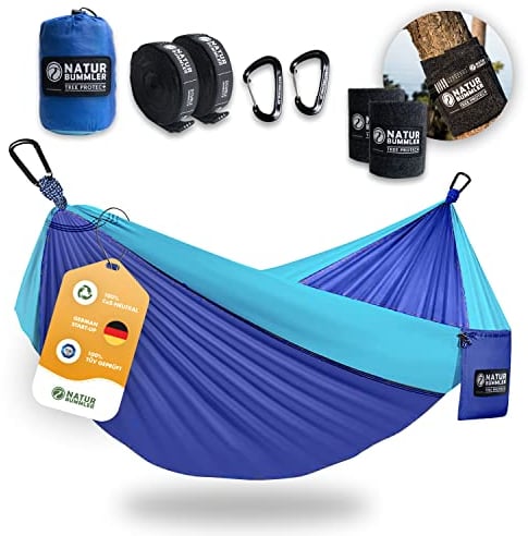 NATURBUMMLER Hängematte Outdoor [Tree Protec+] mit Baumschutz & Befestigung – 300x170cm für 1–2 Personen – Ultraleicht & wetterfest – doppellagige Camping Hängematte für Outdoor Garten (Meeresblau)