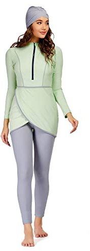 Odizli Burkini Damen Muslim Frauen Muslimische Badeanzug Full Cover Schwimmanzug Islamisch Arabisch Jilbab Langarm Schwimmoberteile Built in Bra+Schwimmhose+Hijab 3tlg Modest Bademode 5#Grün XL