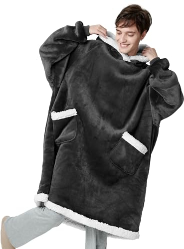 BEDSURE Hoodie Decke mit Ärmeln und Kapuze - Kuscheldecke mit Ärmeln Sherpa Kuschelpullover Damen als Geschenke für Frauen, Anthrazit, 110x90cm