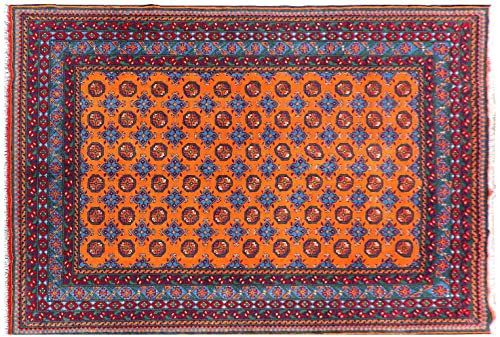RUG PRINCE Afghan Aqcha Teppich 200x300 Handgeknüpft Orange Durchgemustert Orient Kurzflor b