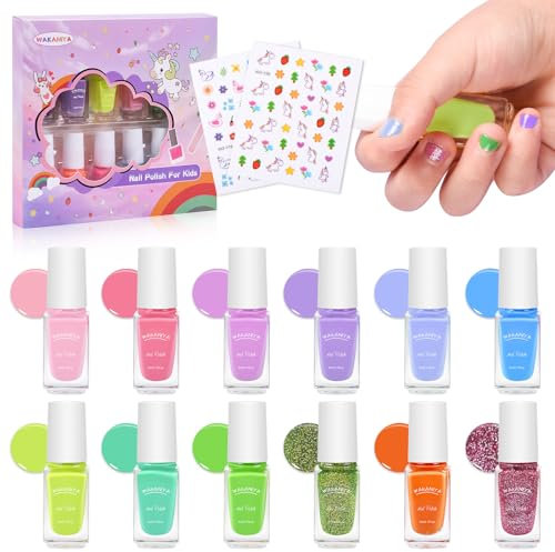 wakaniya Childrens Nail Polish , Nail Polish 12 Rainbow Colors Nail Varnish Set Stickers, Non-Toxic Water-Based Peel-Off Quick Dry Nail Polish Gifts Set Toddlers Teens, Orange Pink Blue, 1.0 count