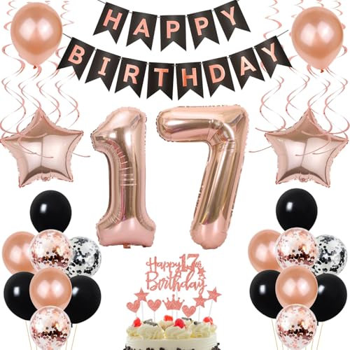 Luftballon 17. Geburtstag Dekoration Rose Gold Schwarz Geburtstagsdeko 17 Jahre Tortendeko Geburtstag 17 Mädchen,Happy Birthday 17 Mädchen