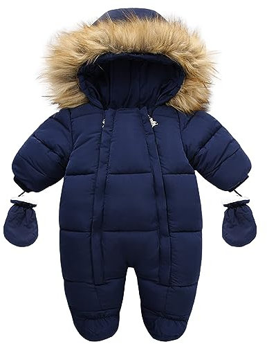 L SERVER Combinaison Pilote Bébé Fille Polaire Combinaisons de Neige Garçon Chauds Jumpsuit Coupe-vent Vêtements de Ski avec Col en Fourrure et Capuche, Bleu Marine, 12-18 mois