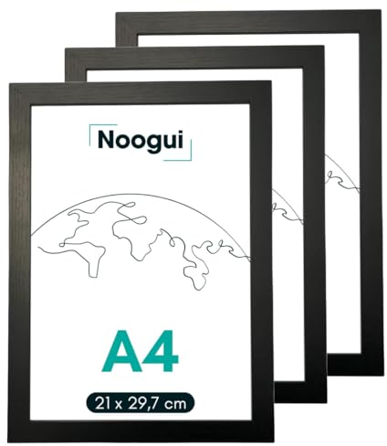 NOOGUI - Bilderrahmen a4 - Schwarzes Holz - 21×30 cm - Mit Antireflex‑Plexiglas - Für Fotos, Urkunden, Poster oder Puzzle - Vertikale und horizontale Positionierung - Stärke 2 cm - 3er-pack