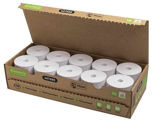 Exacompta - Réf. 40768E - Boîte de 10 bobines thermiques pour tickets de caisse - largeur 80 mm x diamètre 72 mm, 1 pli thermique 48g/m² sans Phenol, zéro déchet plastique - Métrage +/-2m : 76 m