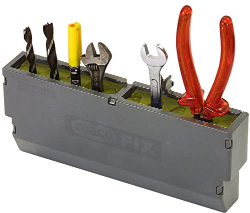 Raaco ToolFix Klein, Werkzeugkassette für Lochwand & Werkzeugwanden, 3,8 x 24,2 x 10 cm, mit Platz für bis zu 6 kleinen Werkzeuge, Aus (PP) & thermoplastischem Elastomer, Lochwand Zubehör, Grau