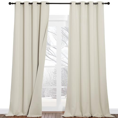 PONY DANCE Schlafzimmer Gardinen und Vorhänge Schalldämmend 2 Stücke H 260 x B 132 cm Dreilagiger Vorhang Beige Blickdicht Thermogardine gegen Hitze Verdunklungsvorhänge mit Ösen, Hellbeige