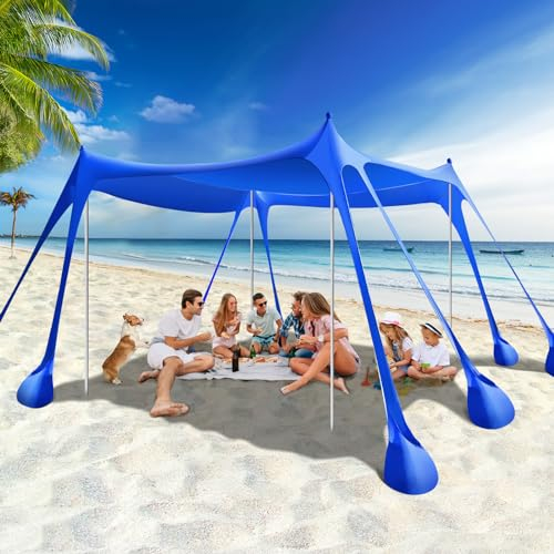 Rhino Valley UPF50+ Tente de Plage Pop Up, Tente de Jardin Anti-Soleil avec 8 Sacs de Sable à Insertion, Abris de Plage Extérieurs avec 4 Poteaux de Support pour Camping Pique-Niques - Bleu Foncé