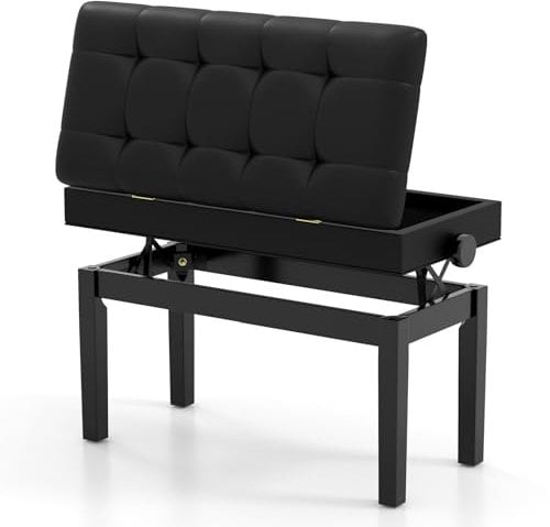 COSTWAY Leather Piano Bench, Height Adjustable Keyboard Duet Seat with Padded Cushion, Storage Compartment, Classic Piano Dressing Table Stool for Kids Adults