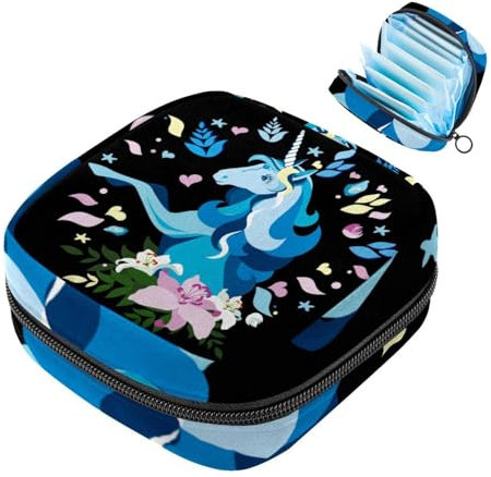 Schöne blaue Einhorn-Blumen-Sanitärservietten-Aufbewahrungstasche, große Menstruationstassentasche mit Reißverschluss, Periodeneinlagen-Tasche, Aufbewahrung, Slipeinlagen, Tampons für Mädchen und