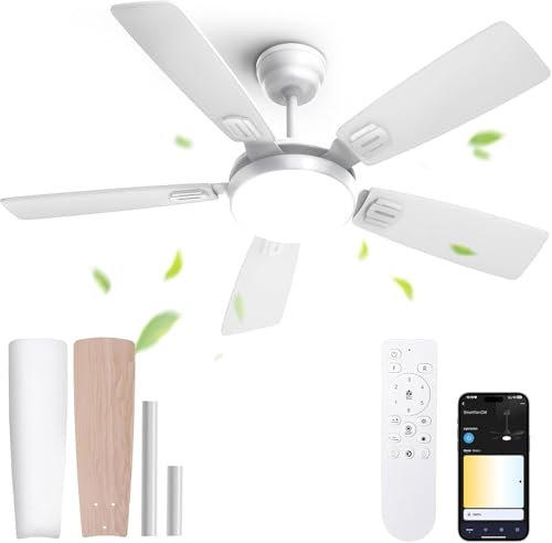 BLITZWILL Ventilatore da Soffitto con Luce, Ø132cm Ventilatori da soffitto con Illuminazione LED, Controllo App&Telecomando, 6 Velocità, 3 Colori Dimmerabile, 5 Pale, Silenzioso, Estate-Inverno,Timer
