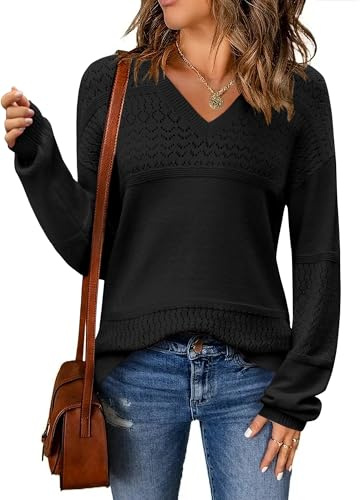 Zeagoo Knitted Sweaters for Women Fall Winter V-Neck Pullover Elegant Long Sleeve Solid Jumper Ribbed Knitwear Top Black XXL