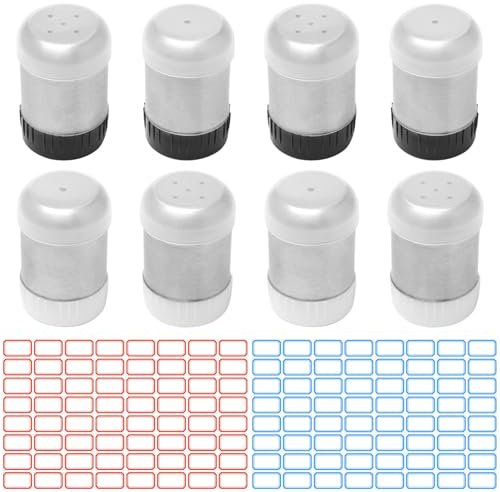 Bofanze 8 PCS Mini Salero de Acero Inoxidable Saleros Pequeños con Tapa Pequeños Saleros con Agujeros Mini Salero de Viaje Saleros de Cocina Salero y Pimienta con 2 Hojas de Etiqueta para Acampar