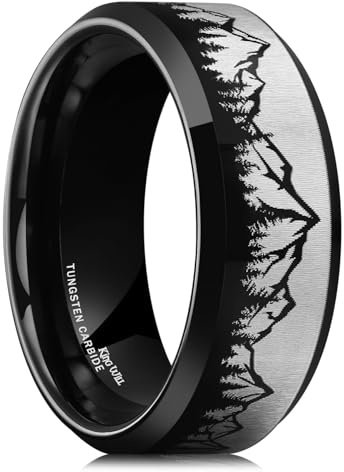 King Will 8mm Herren Ehering Schwarz Beschichteter Wolfram Trauring für Männer mit Berg- und Baum-Lasergravur, Naturkollektion