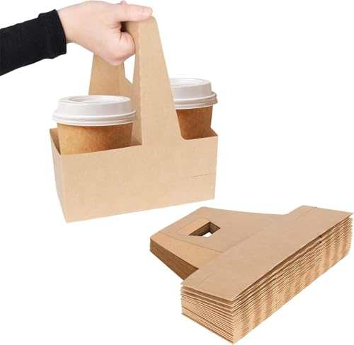 Cup Carrier Holder 2 Cups Kraft cardboard carrying tray for 2 cups with handle 250 Pack Disposable Cup Holders for Hot or Cold Drinks