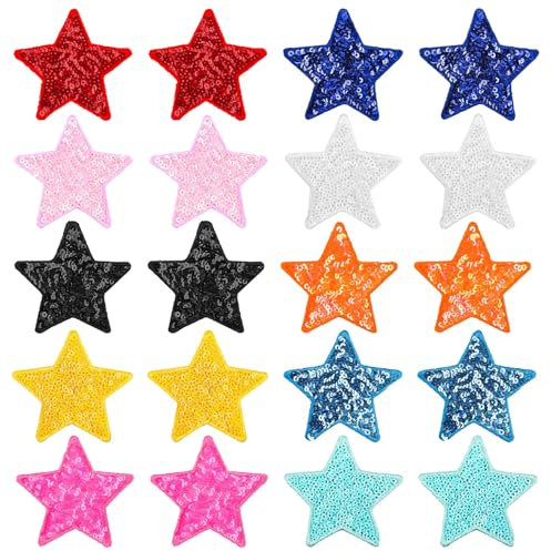 20pcs Sequin Iron on Patches, 2.55x2.36in Star Applique Patches Multicolor Sequin Embroidery Patches Shiny Stars Patches of Clothes Shoes Bags Hats for Woman&Man