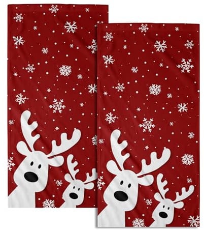 Christmas Reindeer Hand Towels Set of 2, 28x14 Inch Funny Xmas Deer Snowflakes Red Soft Absorbent Tea Towel Washcloths for Kitchen Bathroom Winter Holiday Home Decor and Gifts