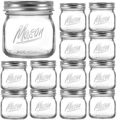 Ieavier 12PCS Wide Mouth Mason Jars 16oz with Airtight Lids and Bands, Canning Jars with Crystal Glass for Food Storage, Spice Jars, Canning, DIY Projects, Jam, Jelly, Honey, Preserving, Drinking