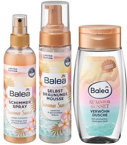 Balea 3er-Set SUMMER SUNSET Hautpflege: BODYSPRAY schimmernd mit Südsee Duft (200 ml) + BRÄUNUNGSMOUSSE mit Kokoswasser (200 ml) + DUSCHGEL Verwöhndusche mit sommerlich-blumigem Duft (250 ml), 650 ml