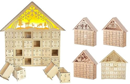 24 Tage Adventskalender, Weihnachten Holz Adventskalender mit LED-Licht 24 Aufbewahrungsschubladen Weihnachten Countdown Kalender für Urlaub Dekoration