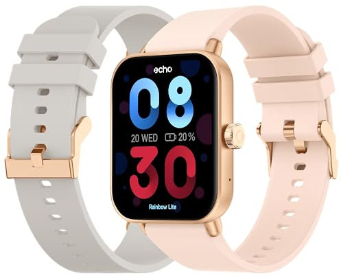 ECHO Rainbow Lite - Montre Connectée Femme 1.83'' Or Rose - Appel Bluetooth/sans Fil & Capteurs Santé - Modes Sport avec Coaching - 2 Bracelets Gomme - Légère & étanche - Android/iOS