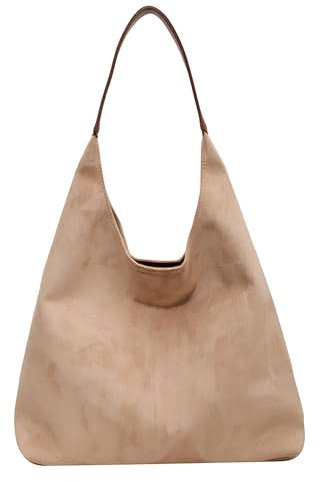 Ibalulu Handtasche Damen Vegan Suede Umhängetasche - Vintage Tote Bag aus Kunstwildleder Hobo Bag, Slouchy Schultertasche, Großer Damen-Shopper(Beige)