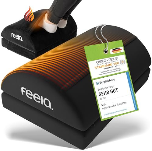 feela.® Fußstütze Schreibtisch [VERGLEICHSSIEGER] – Ergonomische Fußhocker mit Premium-Schaumkern & integriertem Wärmekissen – Rutschfester, Höhenverstellbares, Schreibtisch Zubehör (Schwarz)