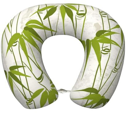 SATUSA Oreiller de voyage en bambou vert avec imprimé de plantes naturelles en forme de U pour la tête et le cou, appui-tête en mousse à mémoire de forme pour voiture, bureau, sommeil, avec boutons