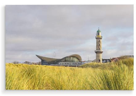 artboxONE Holzbild 30x20 cm Natur Leuchtturm und Teepott von Künstler Rico Ködder