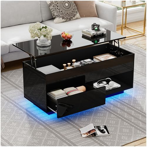 Sapgaks Table Bas Lift-Top Haute Brillance Éclairage LED Tiroir 100x50x55 cm Salon Capacité 50 kg Noir