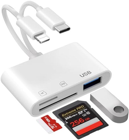 5-In-1 SD Kartenleser für iPhone und Android – Lightning/USB-C SD/TF Speicherkartenleser mit USB OTG Anschluss, Kamera SD Kartenleser USB C für iPhone 16/15/14/13/12/11, iPad, Samsung, Android usw
