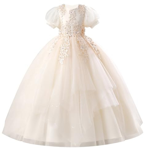 EFOGEP Blumenmädchen Kleid Floral Bestickt Kurze Ärmel Tüll Tutu Prinzessin Kleider Kind Mädchen Hochzeit Brautjungfer Geburtstag Erstkommunion Festzug Maxi Ballkleid 5-11 Jahre