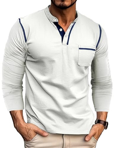 Mens Henley T-Shirts Cotton Long Sleeve T Shirt Casual Grandad Shirt Tops