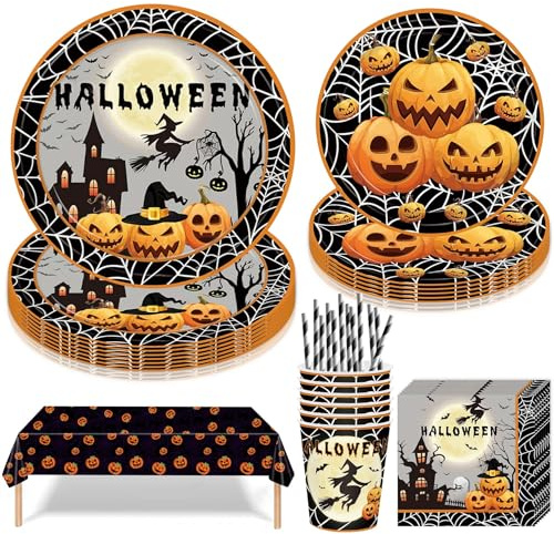 51 Stück Halloween Partygeschirr Set,Kürbis Papier Teller,Geschirr Pappteller Set mit Pappteller Becher Servietten,Party Geschirr Set für Halloween Party Dekoration,Partyzubehör für 10 Gäste