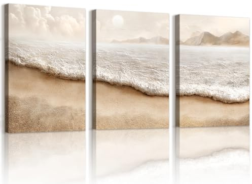 WENGTIAO 3 Piezas Boho Costeros y Playas Cuadros Enmarcados 40x60cmx3 | Minimalista Abstracto Olas Junto al Mar Pintura sobre Lienzo Cuadros Decoracion Salon Modernos Dormitorios Decoracion Pared