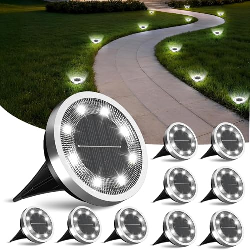 FLOWood Solar Bodenleuchten Aussen, IP65 Wasserdicht,Kaltweiß,10 Stück | Solarlampen für Außen mit 8 LEDs, 8–10h Laufzeit,Edelstahl/ABS/PP, für Garten, Rasen, Auffahrt, Gehweg & Terrasse